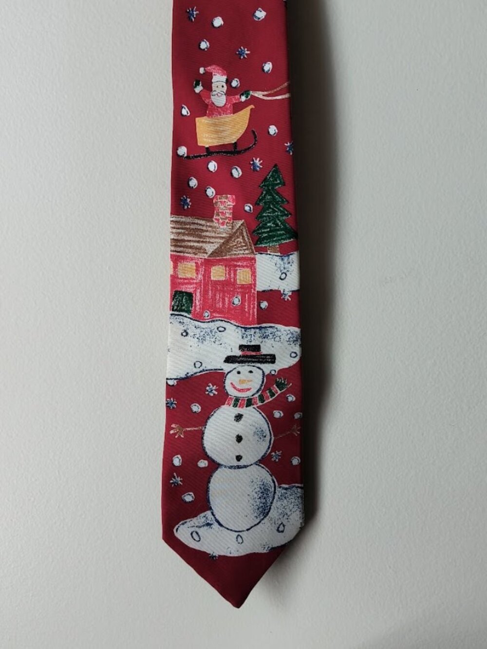 Christmas Tie - Snowman, Santa, House, Tree - Red 100% silk